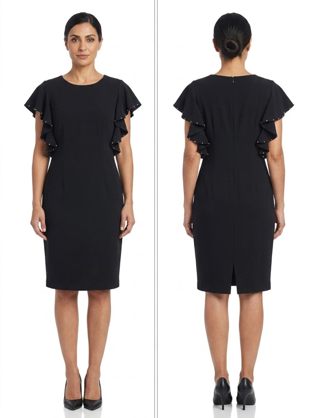 T Tahari Pearl Beaded Ruffle Sleeve Sheath Dress Women See Measurements